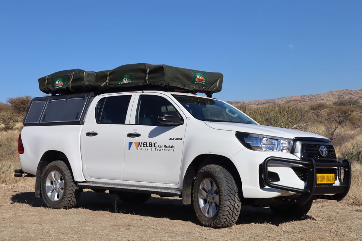 Melbic 4x4 Car Rentals Namibia Toyota Hilux Double 2.4 Cab with Two Closed Tents