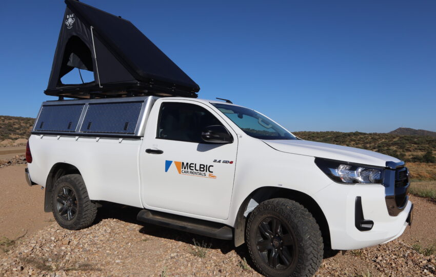Melbic 4x4 Car Rentals Namibia Toyota Hilux Single Cab with open rooftent